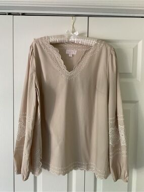 Kim Gravel Women's Scalloped Eyelet Long-Sleeve Top - Sand color